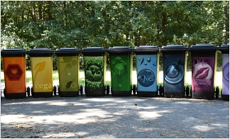 Eine Reihen von bunt beklebten Mülltonnen steht auf einem betonierten Platz. Im Hintergrund sind Bäume und Rasen zu erkennen.